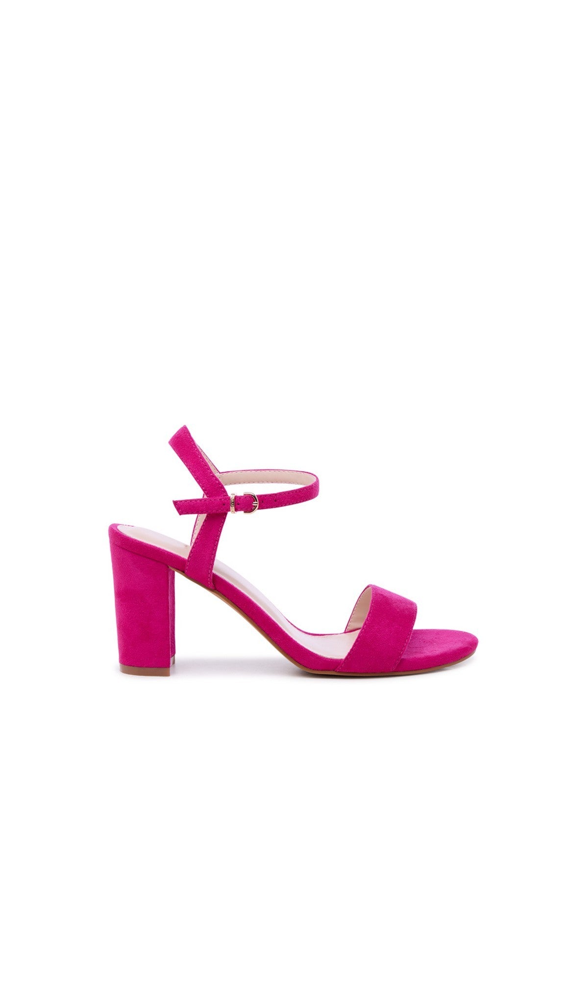 The Harmonia Fuchsia Pink Prom Shoes (Paradox London P2606) feature bright pink suede, a mid block heel, open toe, and ankle strap with buckle—perfect for prom—shown in profile on a white background.